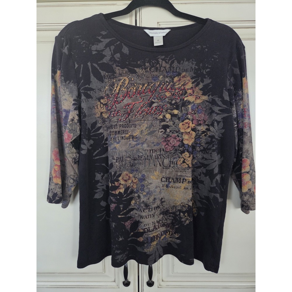 Christopher & Banks Parisian Floral Top Women's Med  French Motif Artsy Graphics